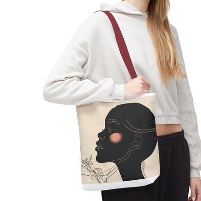 Afro Silhouette Floral Tote Bag — Minimalist Black Woman Profile Canvas Tote