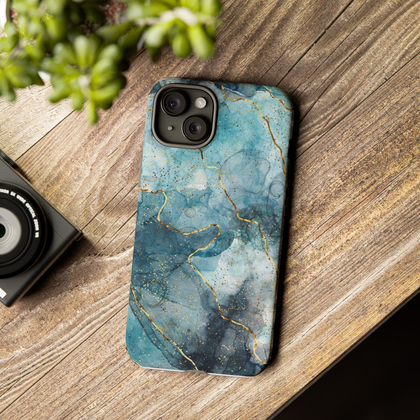 Teal Marble Tough Phone Case — Blue Gold Vein Protective iPhone Cover