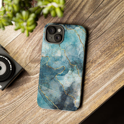 Teal Marble Tough Phone Case — Blue Gold Vein Protective iPhone Cover