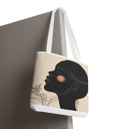 Afro Silhouette Floral Tote Bag — Minimalist Black Woman Profile Canvas Tote