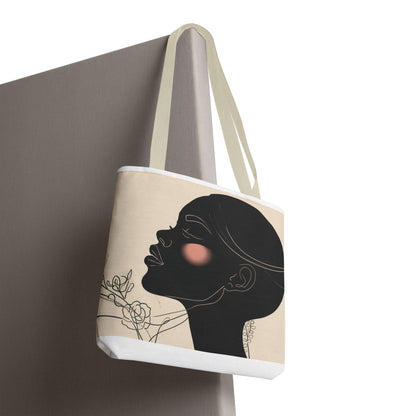 Afro Silhouette Floral Tote Bag — Minimalist Black Woman Profile Canvas Tote