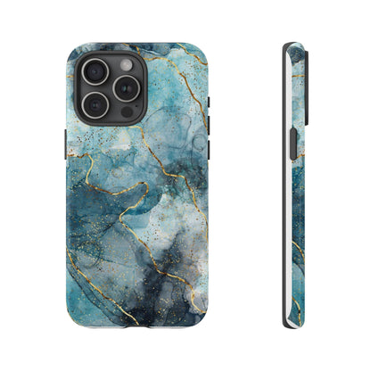 Teal Marble Tough Phone Case — Blue Gold Vein Protective iPhone Cover