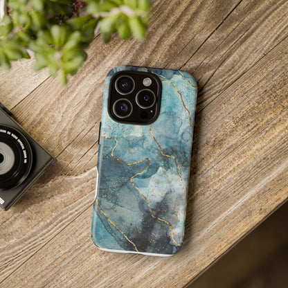 Teal Marble Tough Phone Case — Blue Gold Vein Protective iPhone Cover