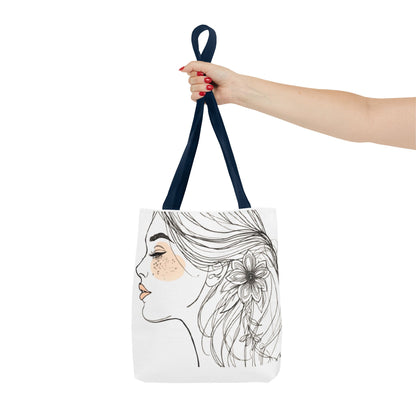 Floral Profile Tote Bag — Hand-Drawn Woman Portrait with Freckles
