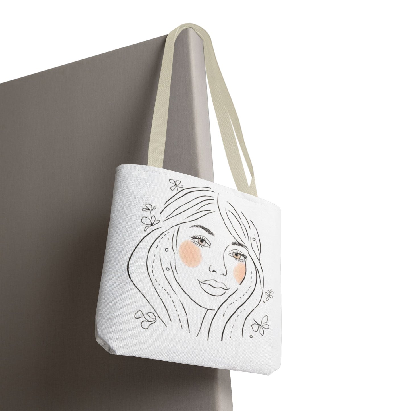 Floral Portrait Tote Bag — Hand-Drawn Woman Face with Blush Cheeks