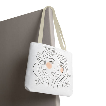 Floral Portrait Tote Bag — Hand-Drawn Woman Face with Blush Cheeks