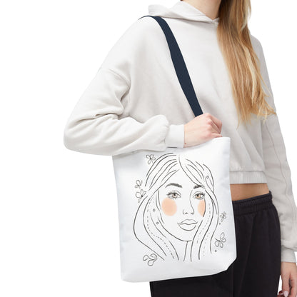 Floral Portrait Tote Bag — Hand-Drawn Woman Face with Blush Cheeks