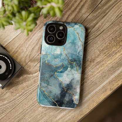 Teal Marble Tough Phone Case — Blue Gold Vein Protective iPhone Cover