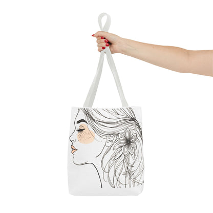 Floral Profile Tote Bag — Hand-Drawn Woman Portrait with Freckles