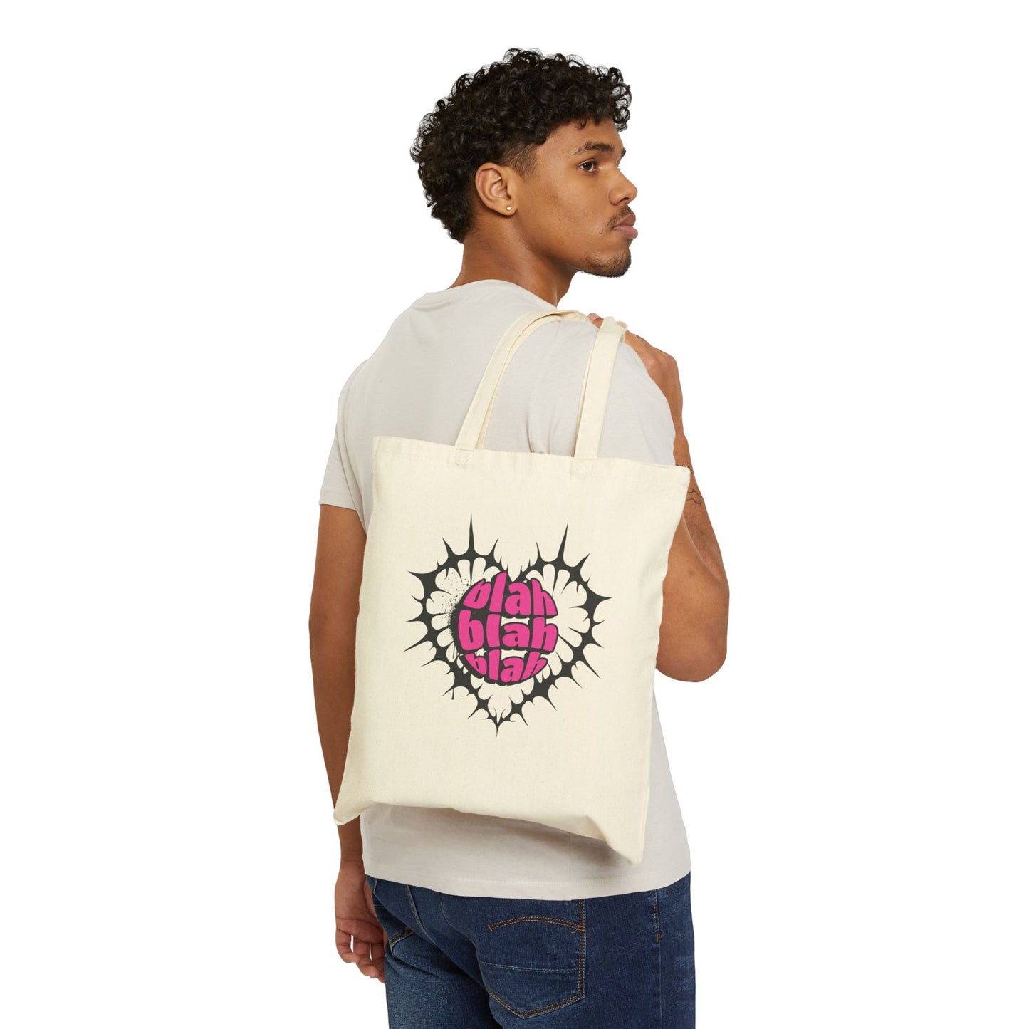 Tote Bag — Pink "Blah Blah Blah" Heart Graphic Cotton Canvas Tote