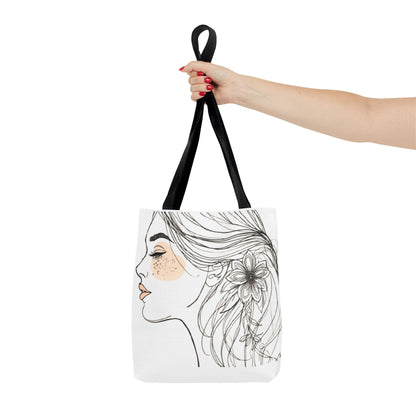 Floral Profile Tote Bag — Hand-Drawn Woman Portrait with Freckles