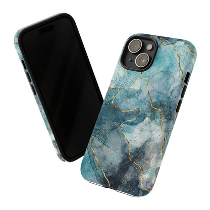 Teal Marble Tough Phone Case — Blue Gold Vein Protective iPhone Cover