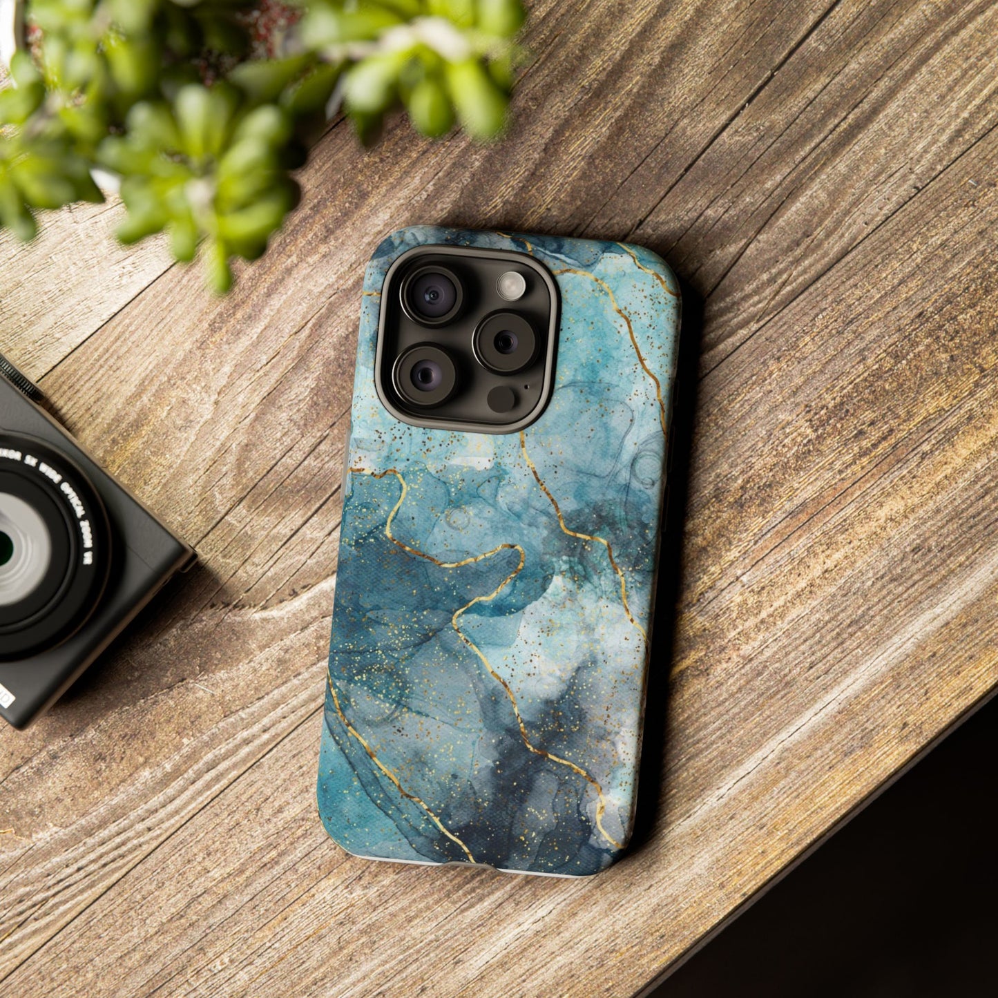 Teal Marble Tough Phone Case — Blue Gold Vein Protective iPhone Cover
