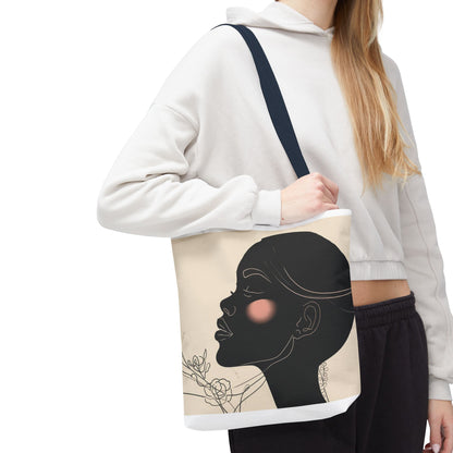 Afro Silhouette Floral Tote Bag — Minimalist Black Woman Profile Canvas Tote