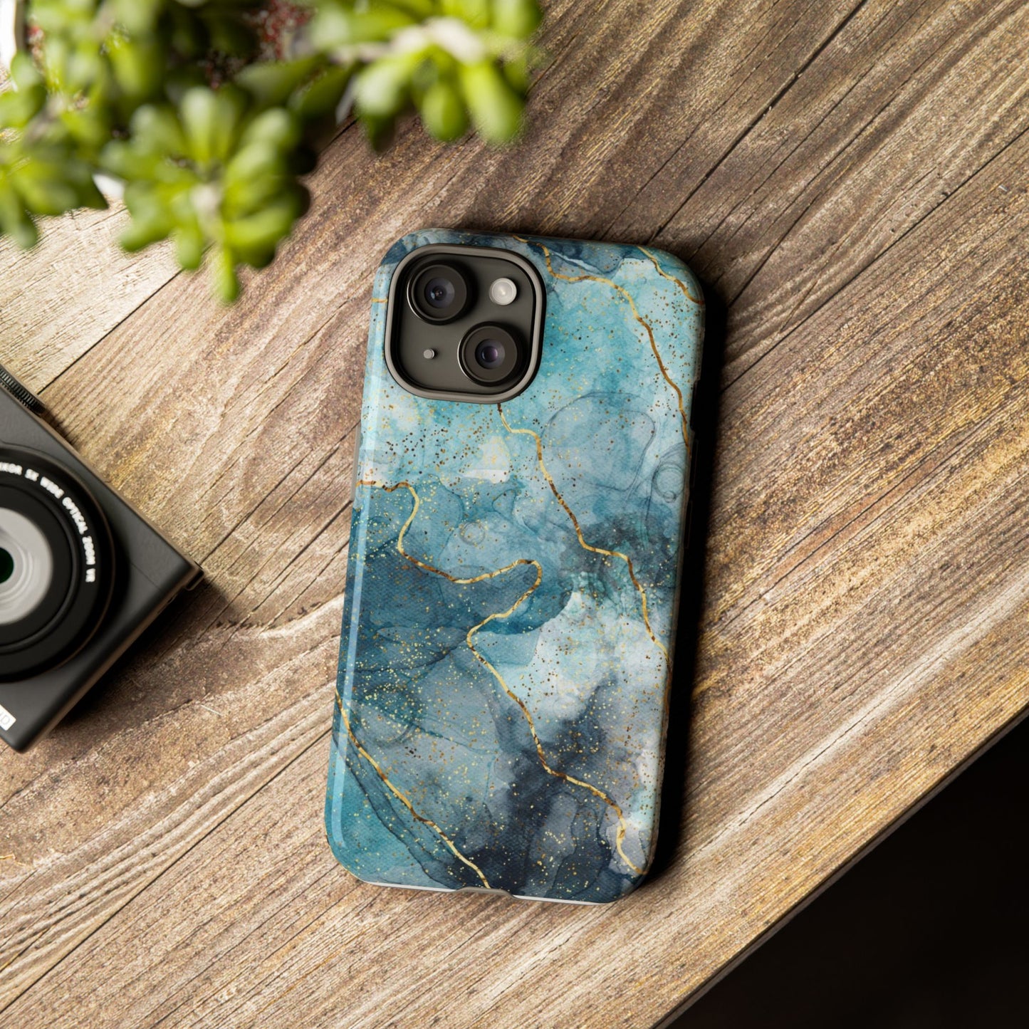 Teal Marble Tough Phone Case — Blue Gold Vein Protective iPhone Cover