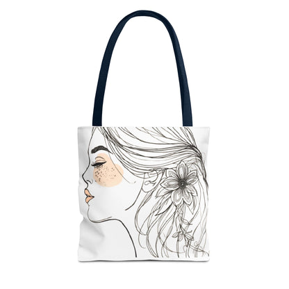 Floral Profile Tote Bag — Hand-Drawn Woman Portrait with Freckles