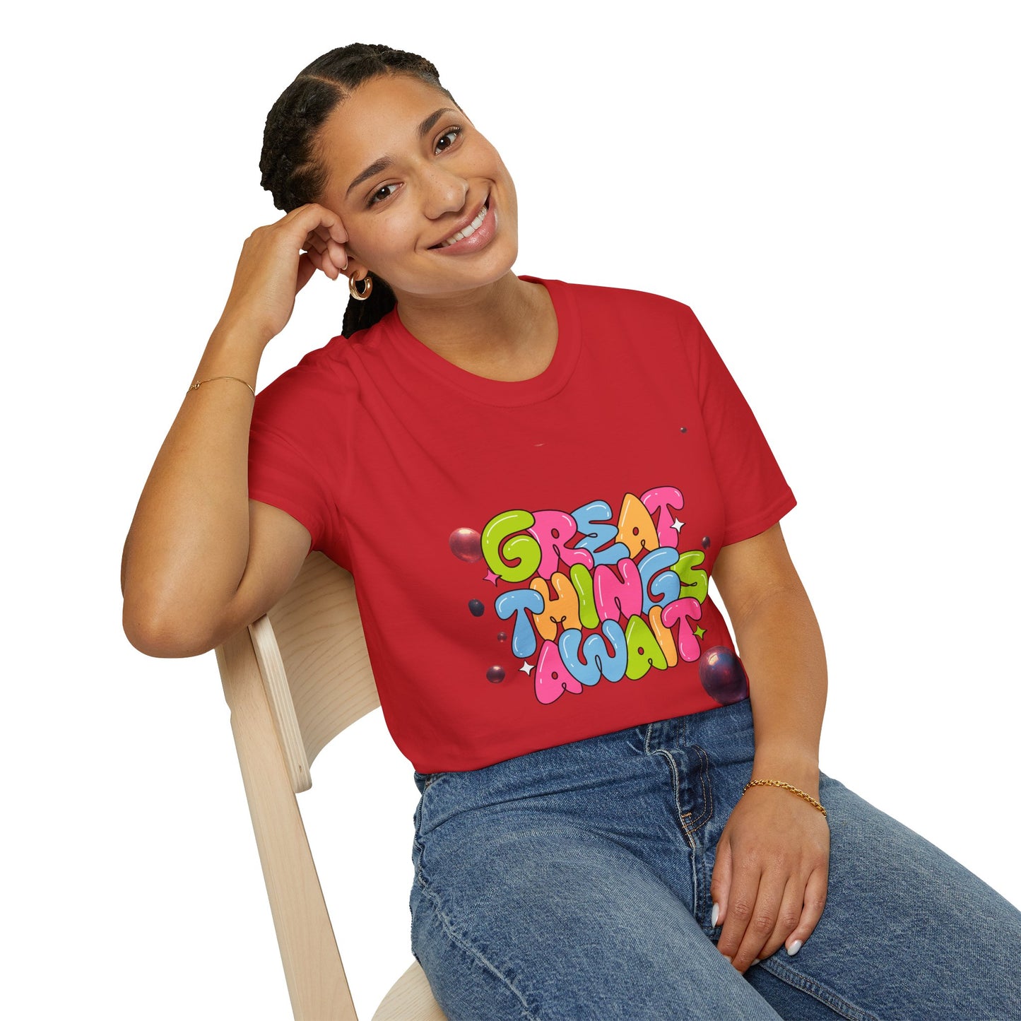 Great Things Await T-Shirt — Colorful Positive Message Tee