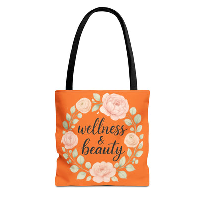 Wellness & Beauty Floral Tote Bag — Orange All-Over-Print Canvas Tote