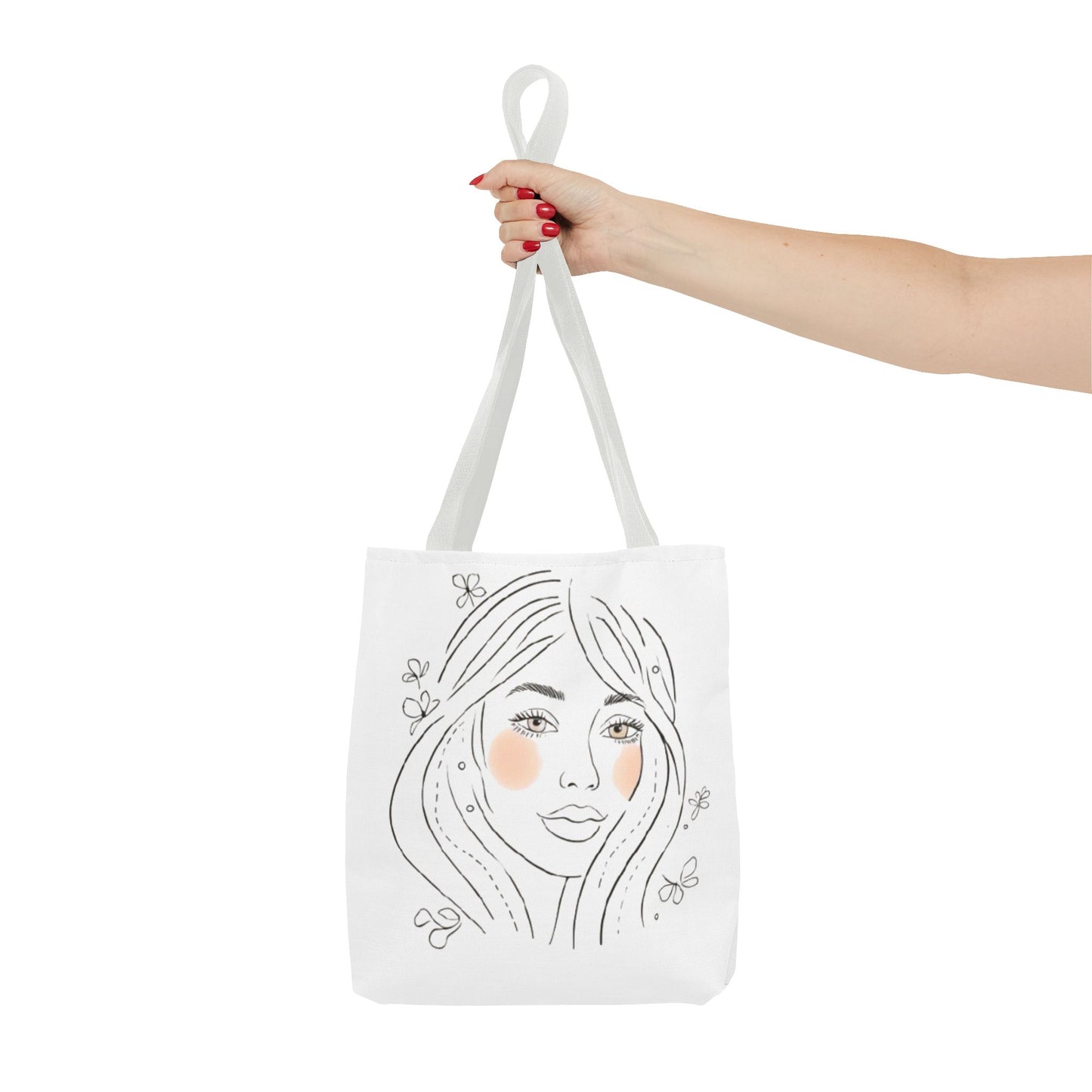 Floral Portrait Tote Bag — Hand-Drawn Woman Face with Blush Cheeks