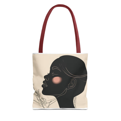 Afro Silhouette Floral Tote Bag — Minimalist Black Woman Profile Canvas Tote
