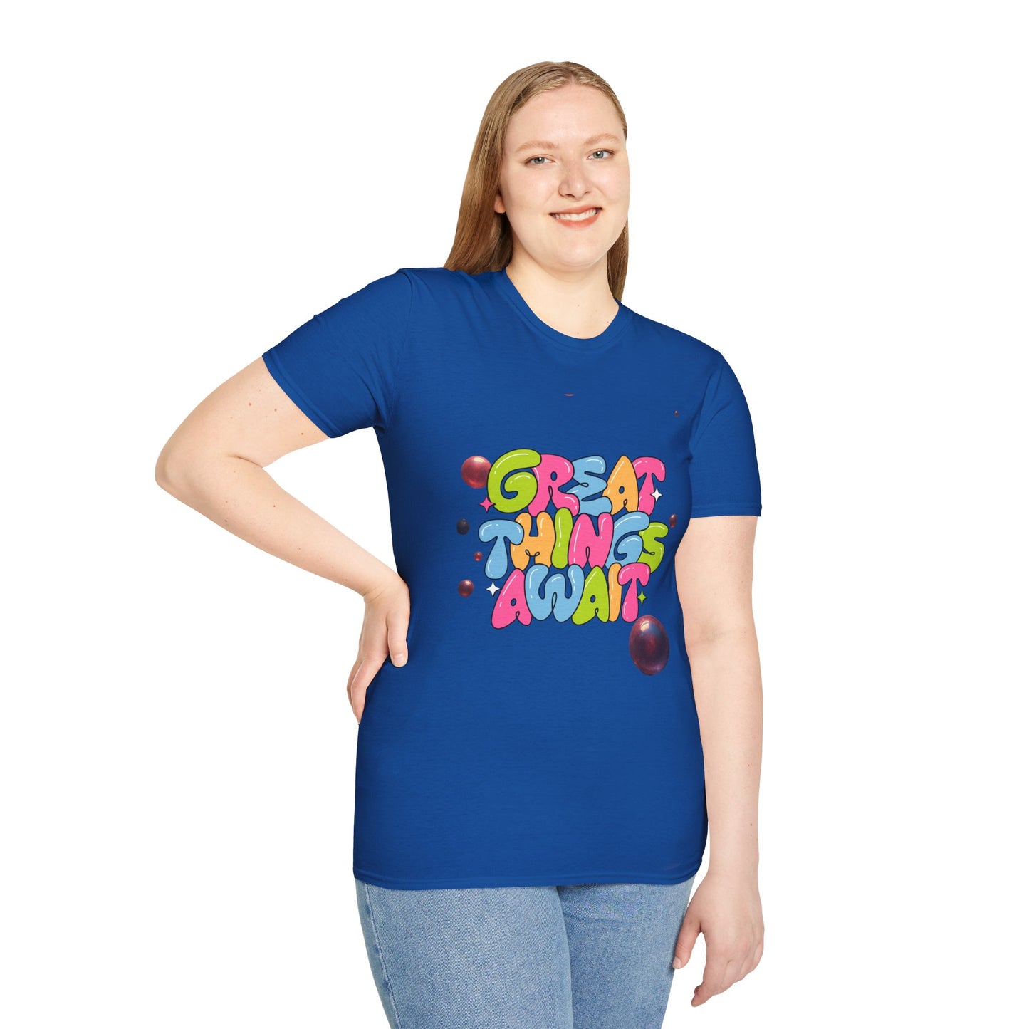 Great Things Await T-Shirt — Colorful Positive Message Tee