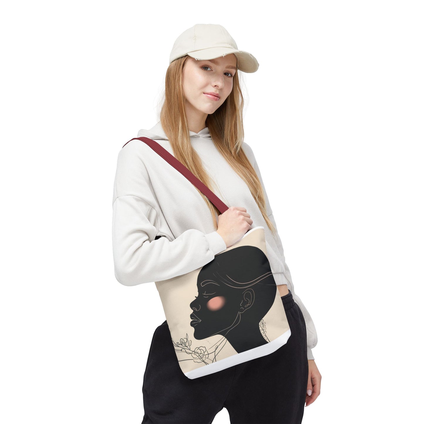 Afro Silhouette Floral Tote Bag — Minimalist Black Woman Profile Canvas Tote