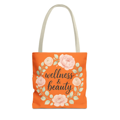Wellness & Beauty Floral Tote Bag — Orange All-Over-Print Canvas Tote