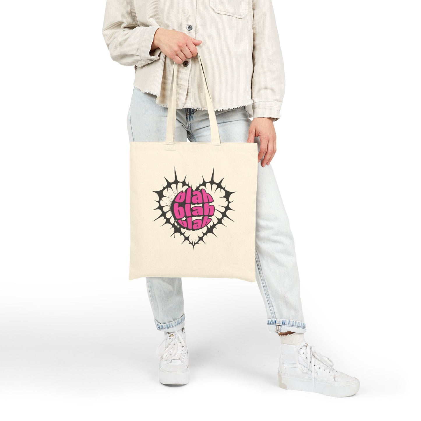 Tote Bag — Pink "Blah Blah Blah" Heart Graphic Cotton Canvas Tote