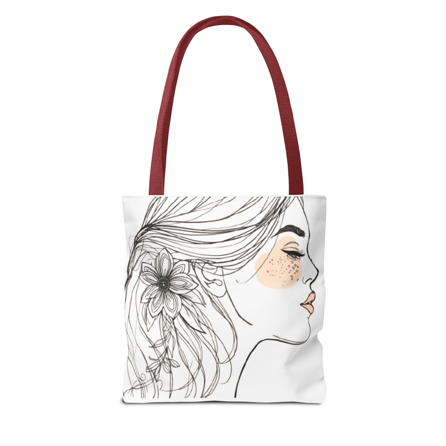Floral Profile Tote Bag — Hand-Drawn Woman Portrait with Freckles