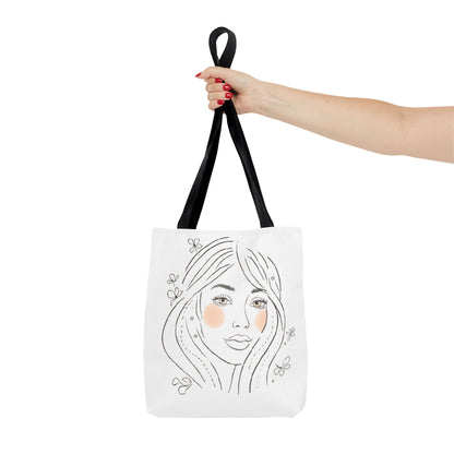 Floral Portrait Tote Bag — Hand-Drawn Woman Face with Blush Cheeks