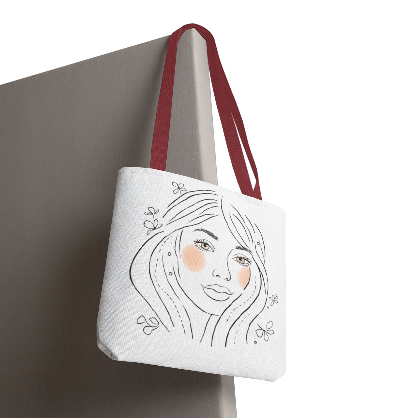 Floral Portrait Tote Bag — Hand-Drawn Woman Face with Blush Cheeks