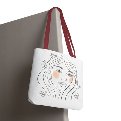 Floral Portrait Tote Bag — Hand-Drawn Woman Face with Blush Cheeks