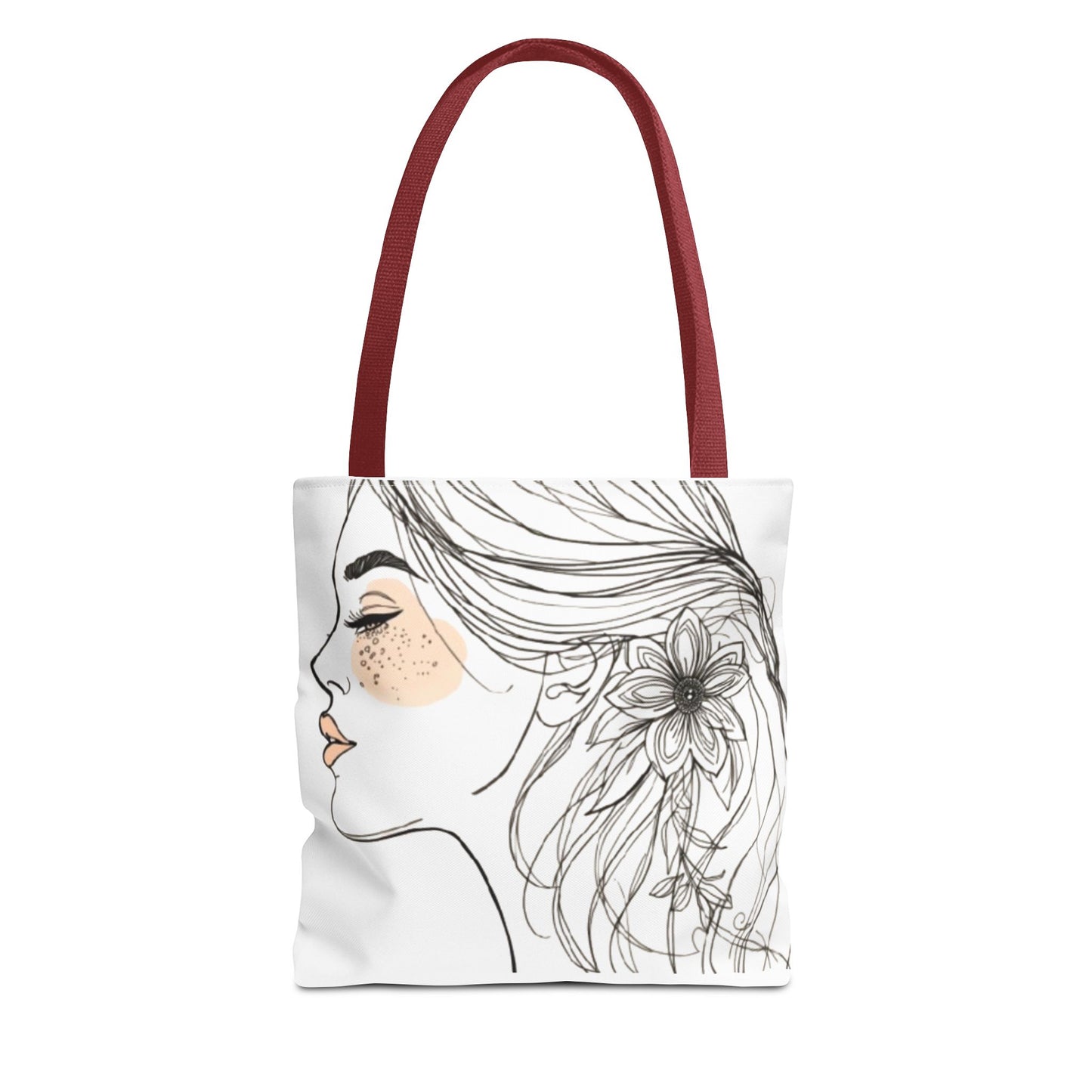 Floral Profile Tote Bag — Hand-Drawn Woman Portrait with Freckles