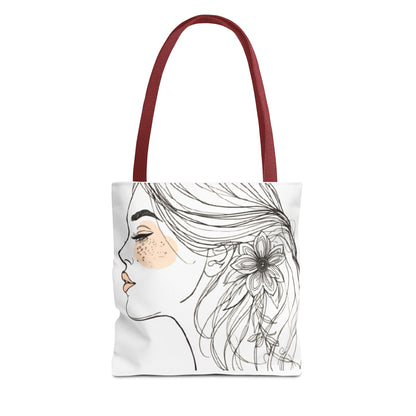 Floral Profile Tote Bag — Hand-Drawn Woman Portrait with Freckles