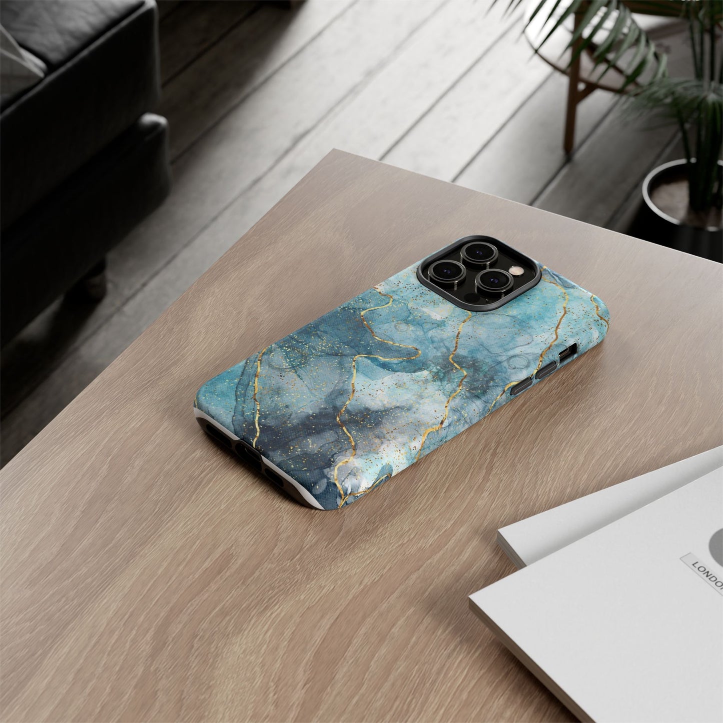 Teal Marble Tough Phone Case — Blue Gold Vein Protective iPhone Cover