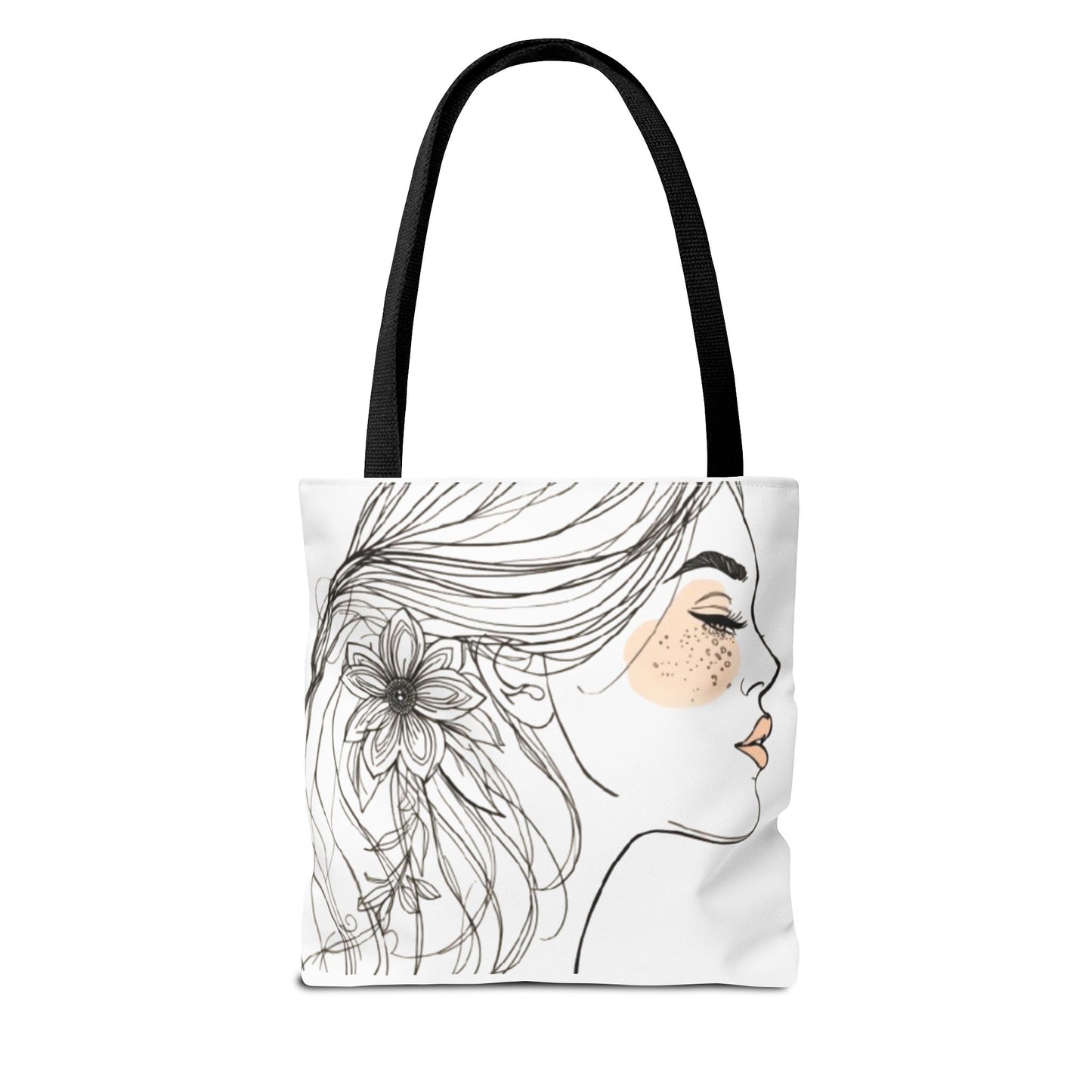 Floral Profile Tote Bag — Hand-Drawn Woman Portrait with Freckles