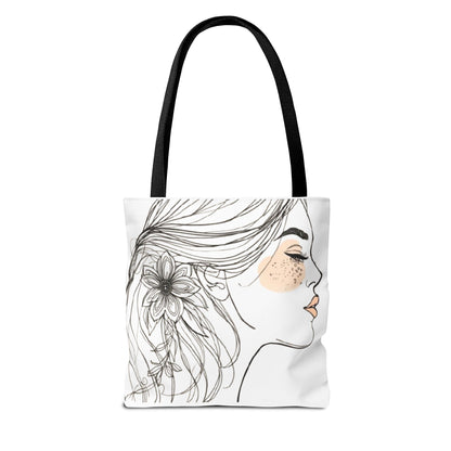 Floral Profile Tote Bag — Hand-Drawn Woman Portrait with Freckles