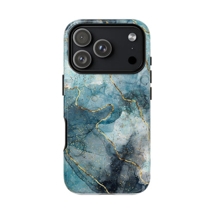 Teal Marble Tough Phone Case — Blue Gold Vein Protective iPhone Cover