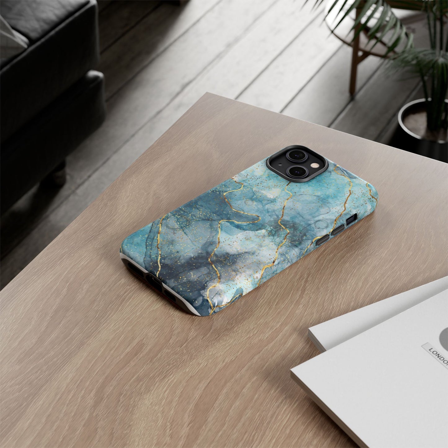 Teal Marble Tough Phone Case — Blue Gold Vein Protective iPhone Cover