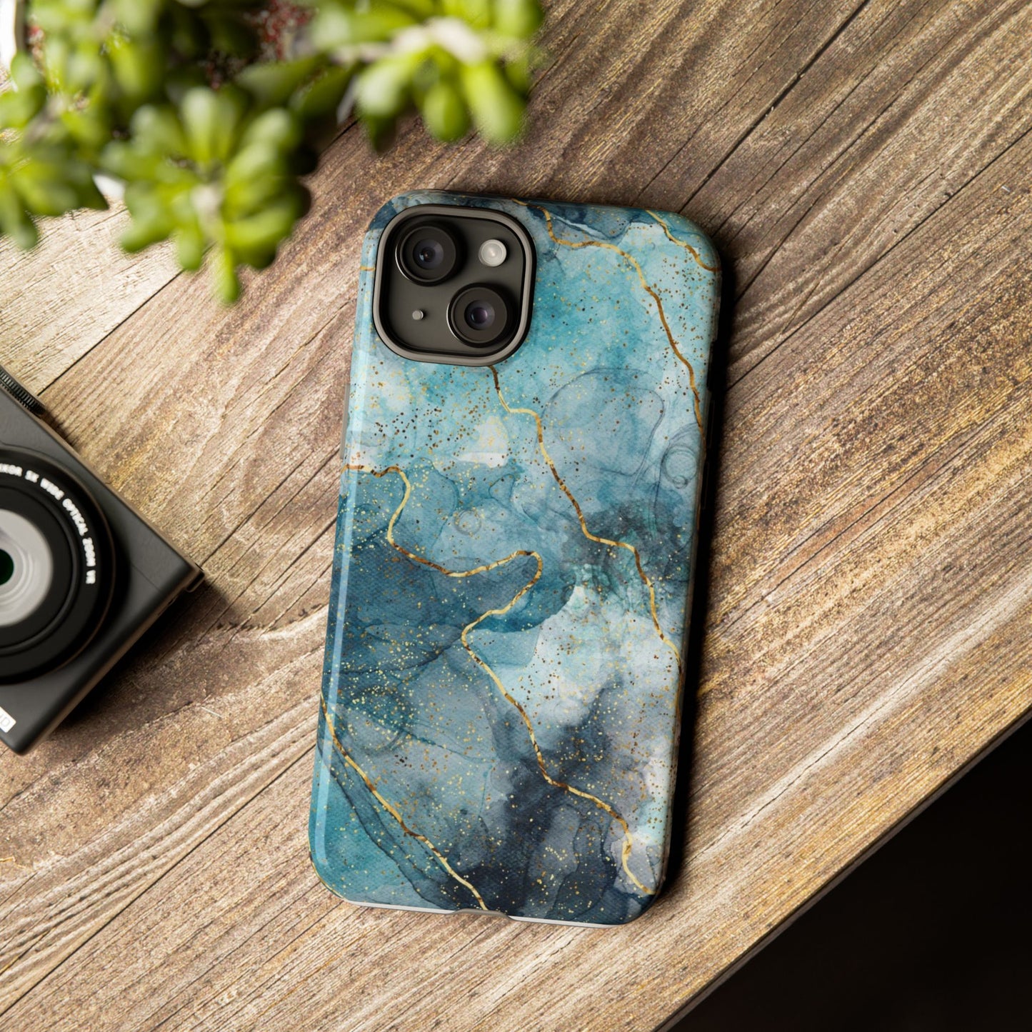 Teal Marble Tough Phone Case — Blue Gold Vein Protective iPhone Cover