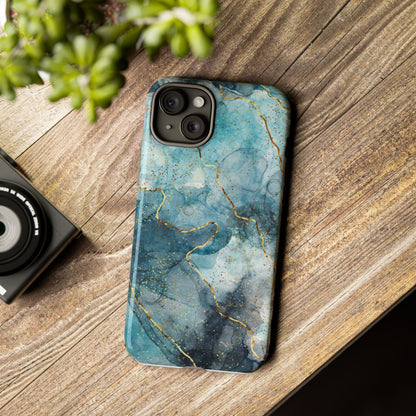 Teal Marble Tough Phone Case — Blue Gold Vein Protective iPhone Cover