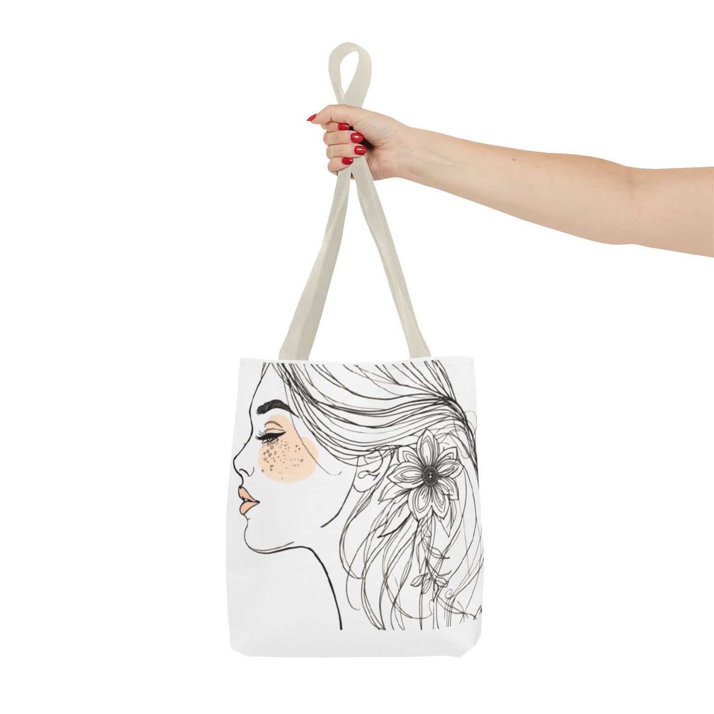 Floral Profile Tote Bag — Hand-Drawn Woman Portrait with Freckles