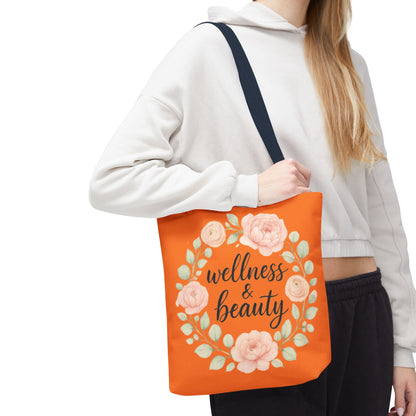 Wellness & Beauty Floral Tote Bag — Orange All-Over-Print Canvas Tote