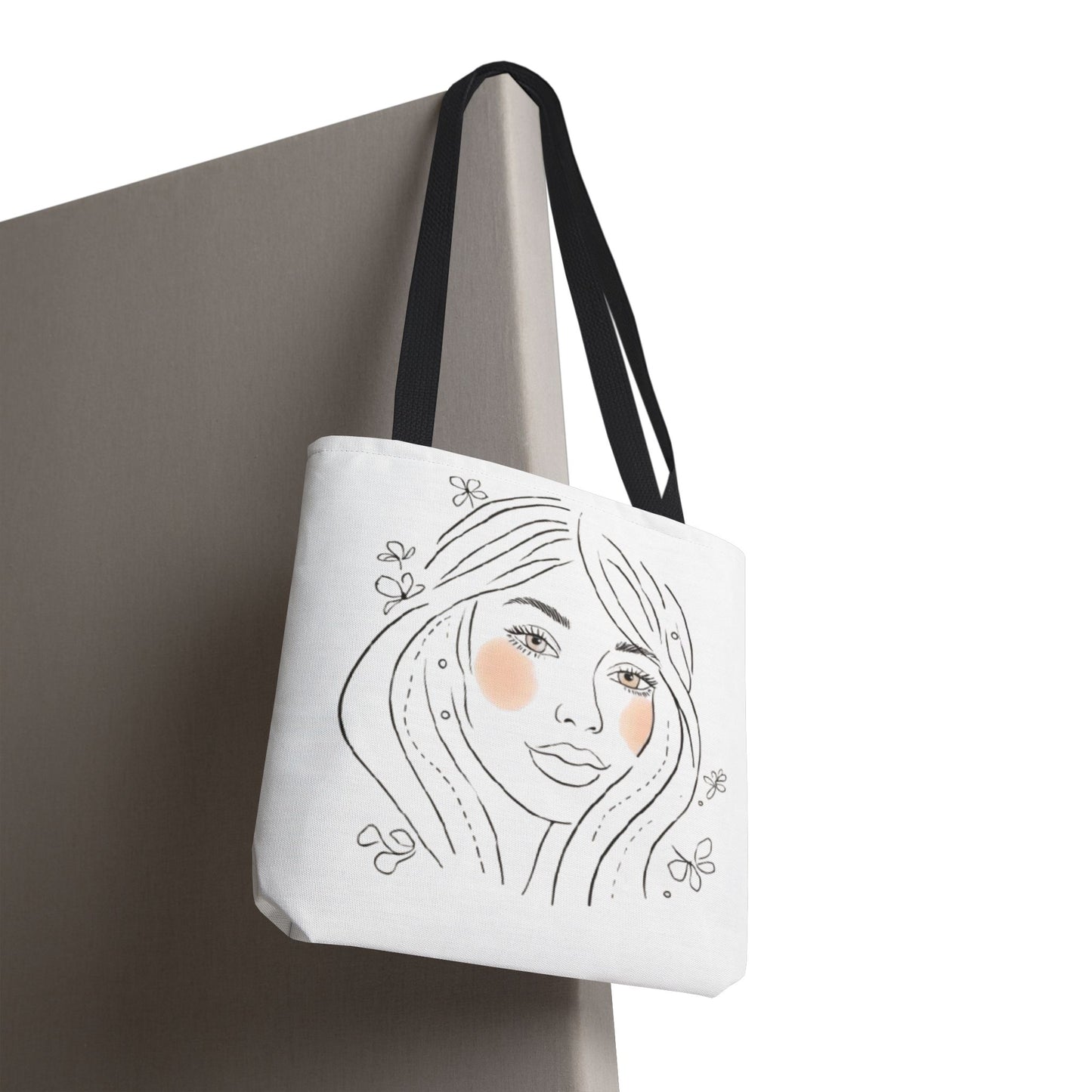 Floral Portrait Tote Bag — Hand-Drawn Woman Face with Blush Cheeks