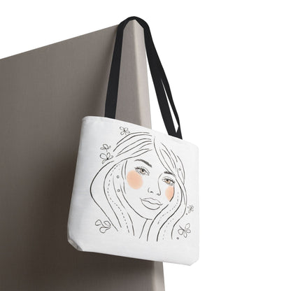 Floral Portrait Tote Bag — Hand-Drawn Woman Face with Blush Cheeks