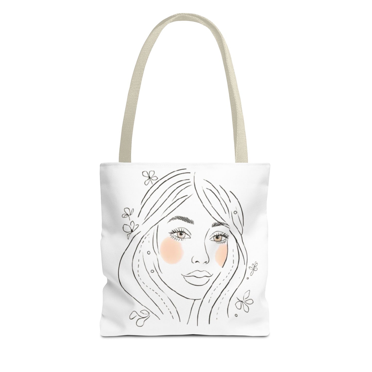Floral Portrait Tote Bag — Hand-Drawn Woman Face with Blush Cheeks