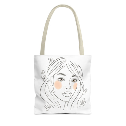 Floral Portrait Tote Bag — Hand-Drawn Woman Face with Blush Cheeks