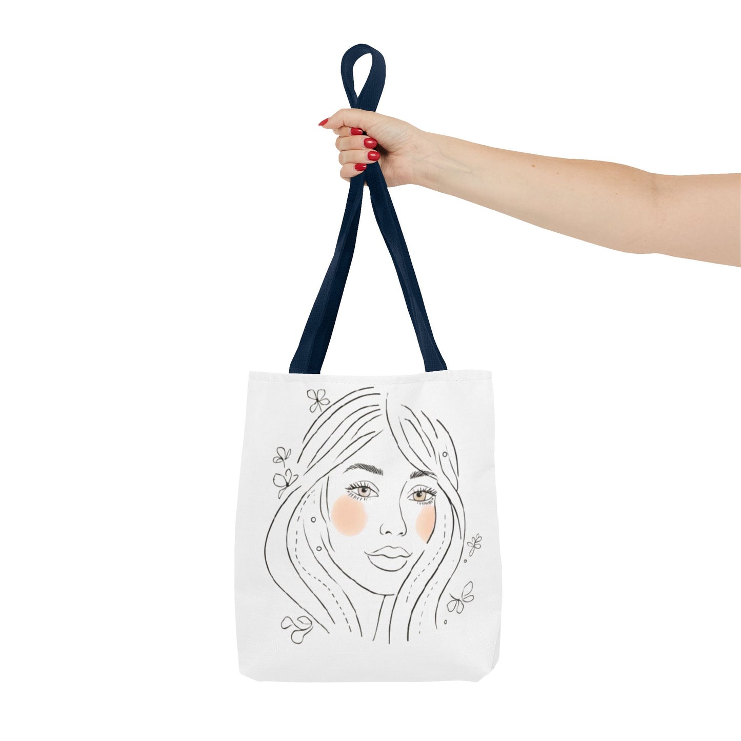 Floral Portrait Tote Bag — Hand-Drawn Woman Face with Blush Cheeks