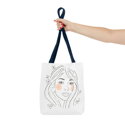 Floral Portrait Tote Bag — Hand-Drawn Woman Face with Blush Cheeks