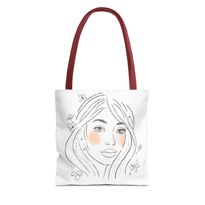 Floral Portrait Tote Bag — Hand-Drawn Woman Face with Blush Cheeks